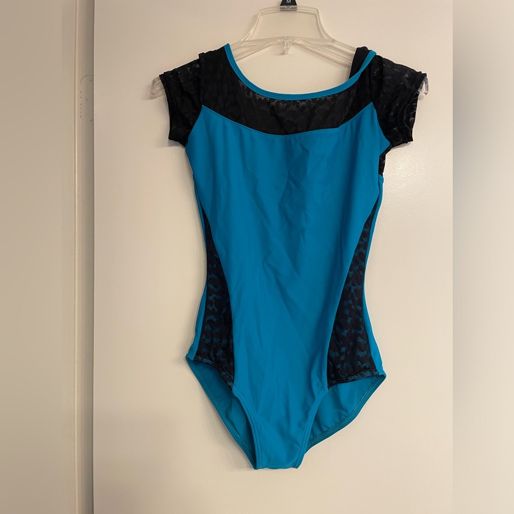 AK turquoise leotard with black mesh inset